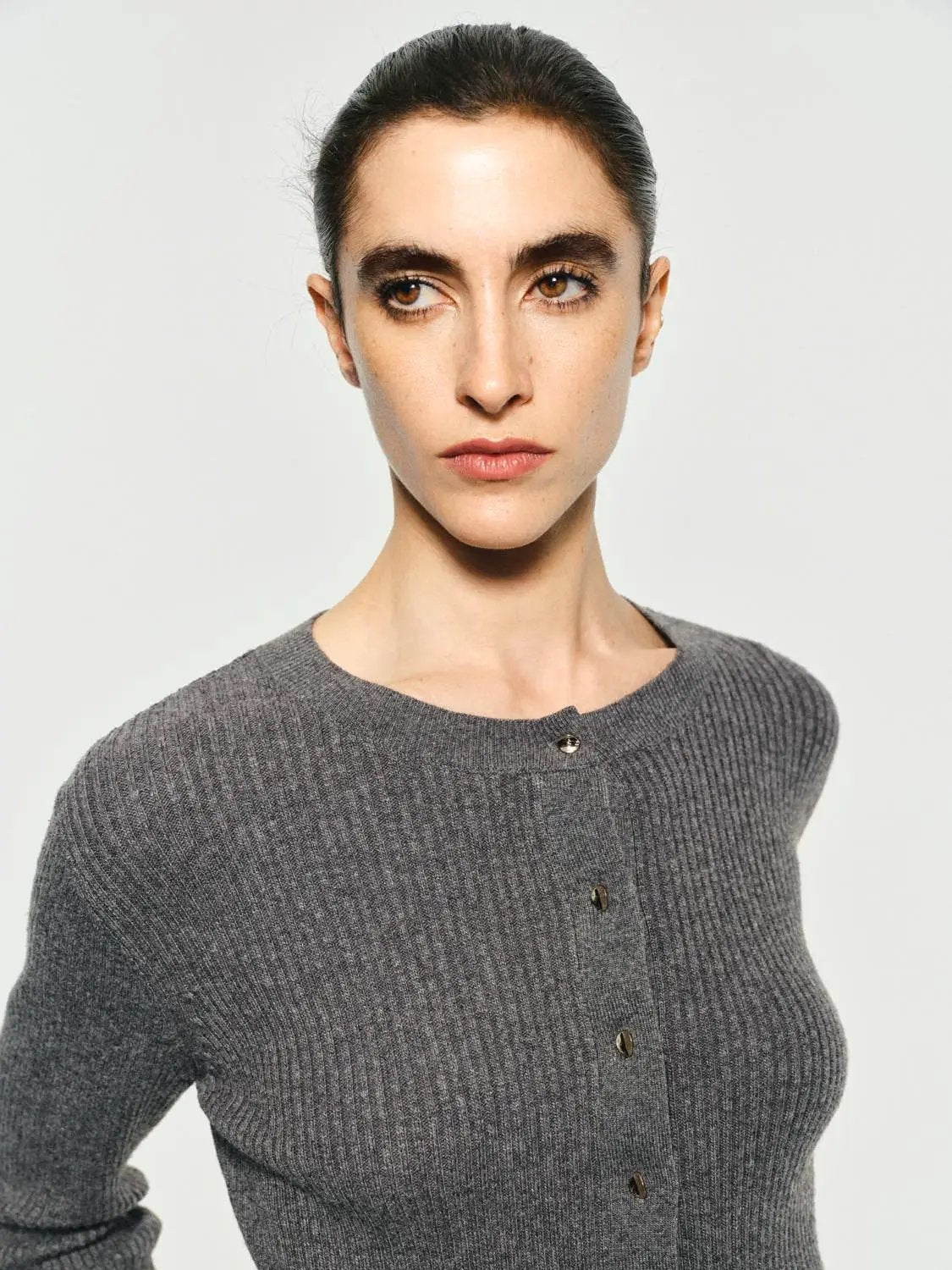 Ribbed Knit Button Front Crew Neck Long Sleeve Cardigan