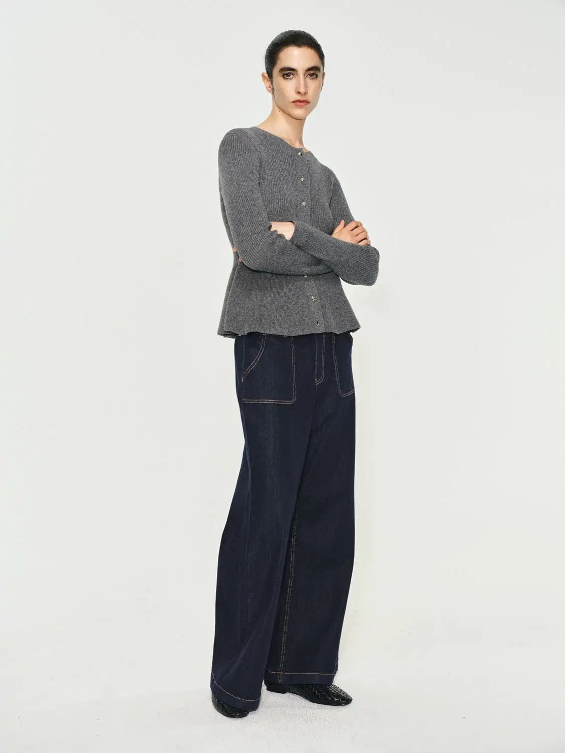 Ribbed Knit Button Front Crew Neck Long Sleeve Cardigan