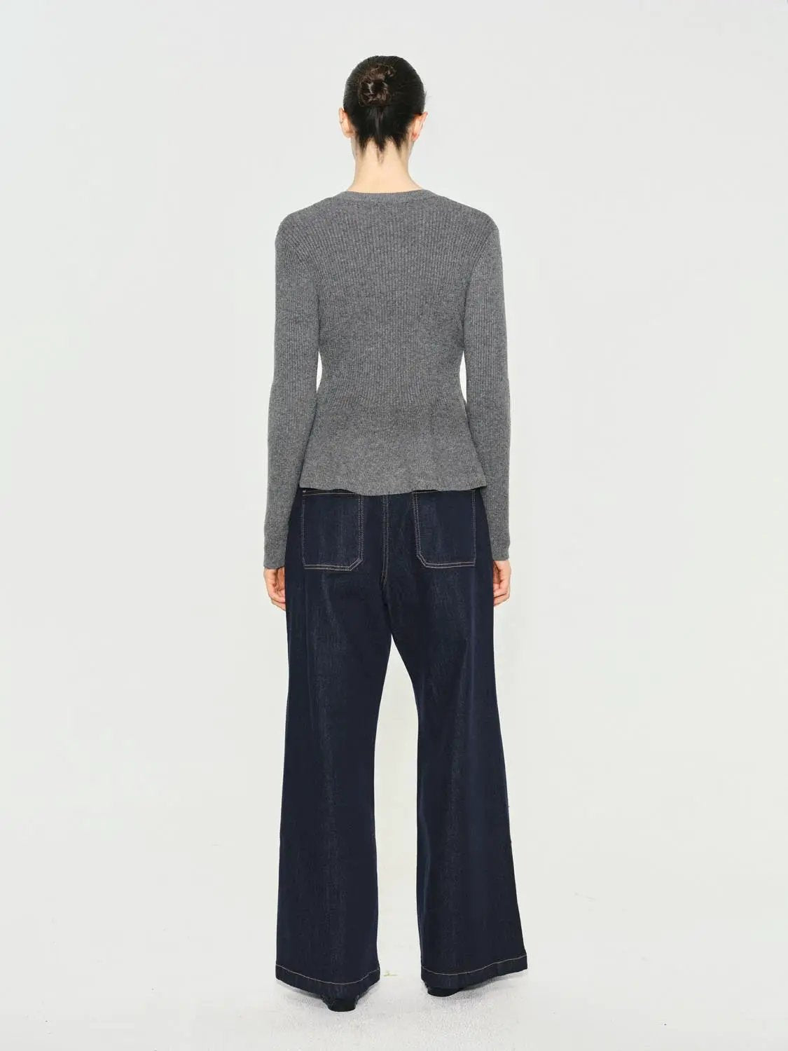 Ribbed Knit Button Front Crew Neck Long Sleeve Cardigan