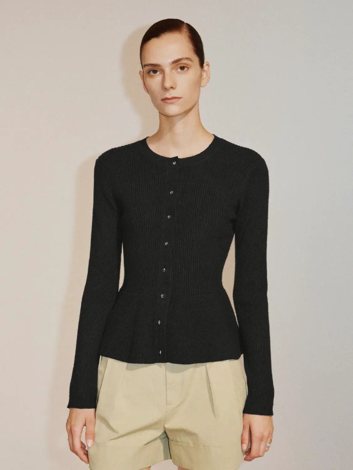 Ribbed Knit Button Front Crew Neck Long Sleeve Cardigan