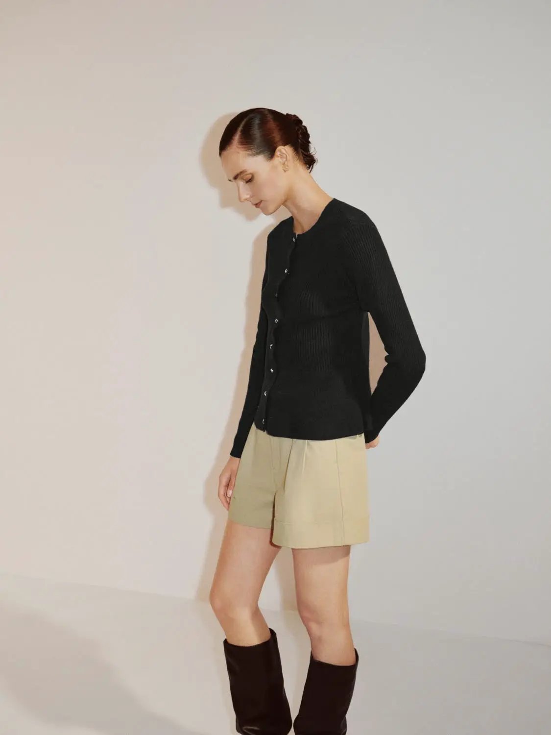 Ribbed Knit Button Front Crew Neck Long Sleeve Cardigan