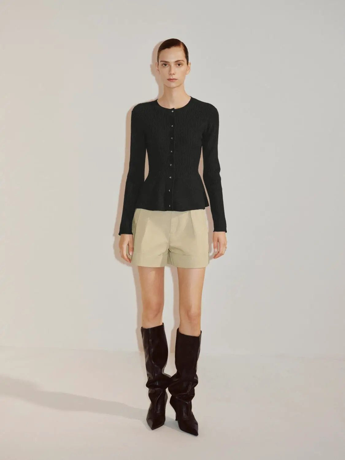Ribbed Knit Button Front Crew Neck Long Sleeve Cardigan