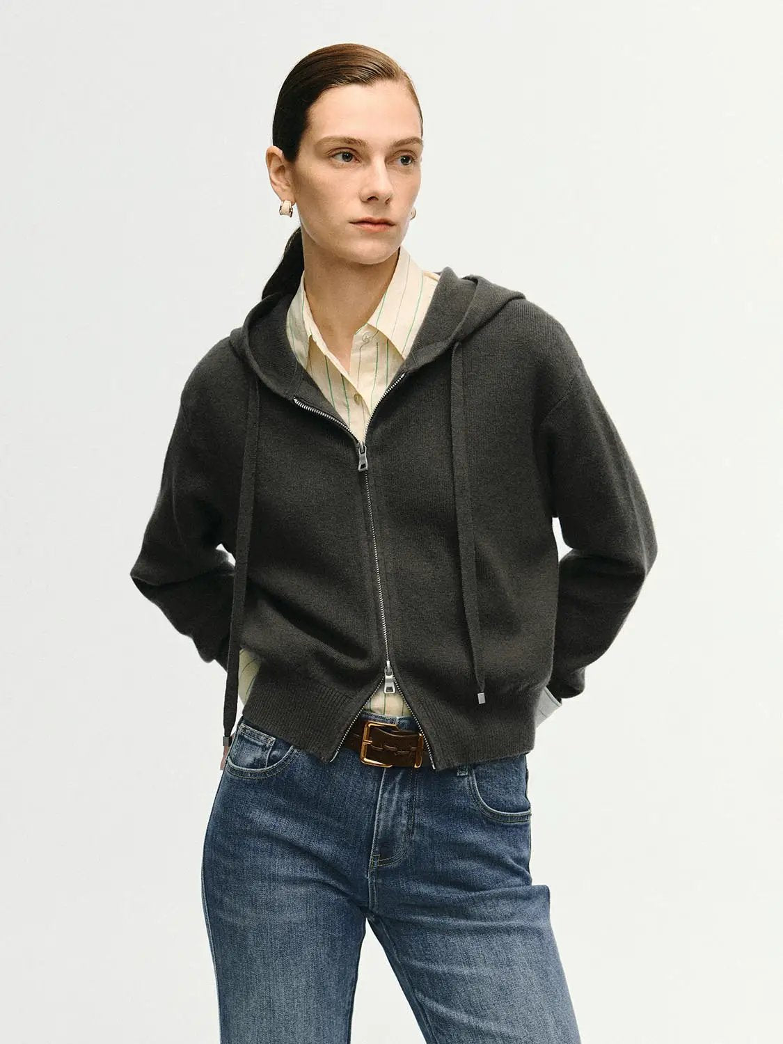 Ribbed Full Zip Hooded Long Sleeve Knit Jacket