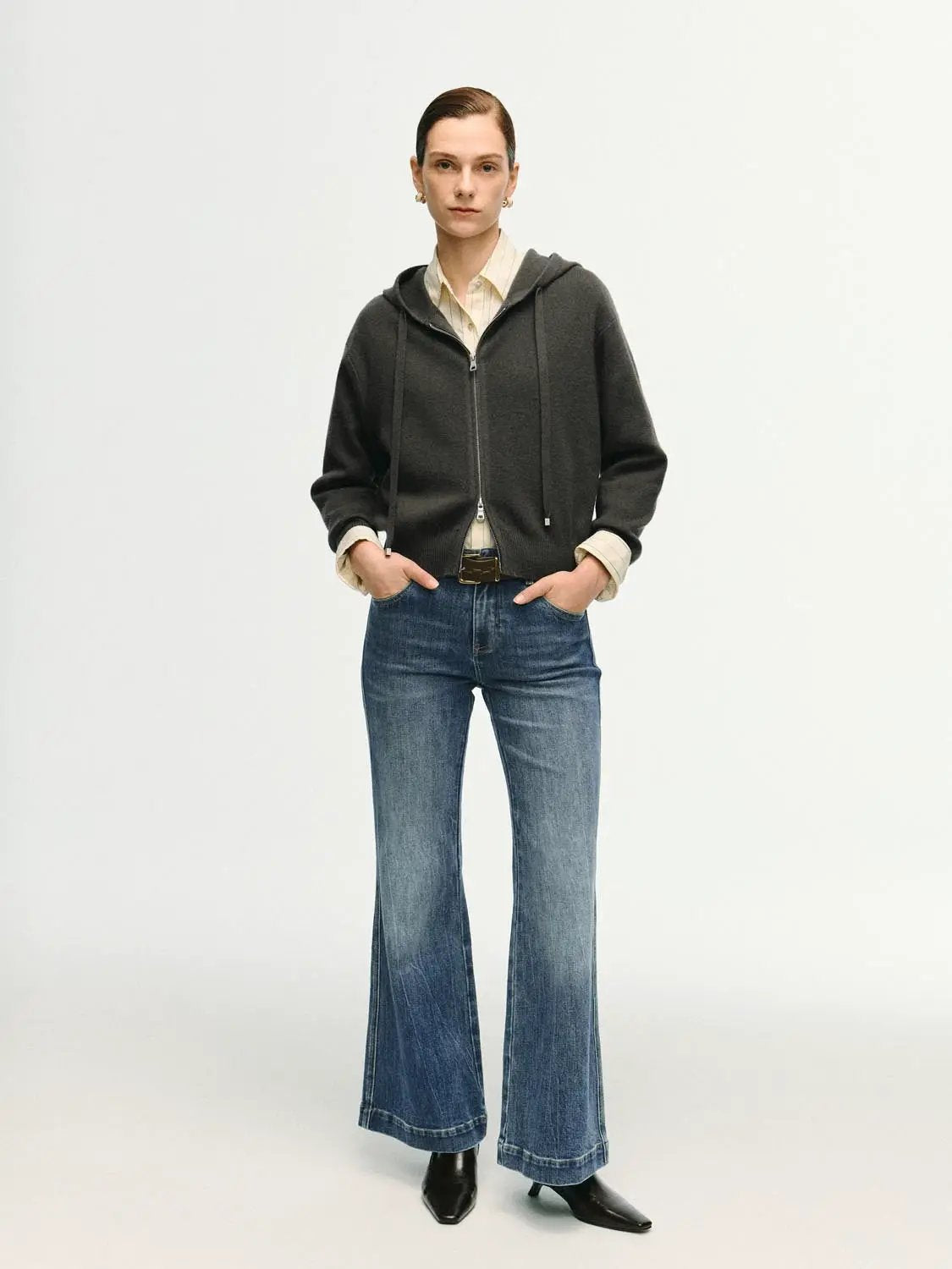 Ribbed Full Zip Hooded Long Sleeve Knit Jacket