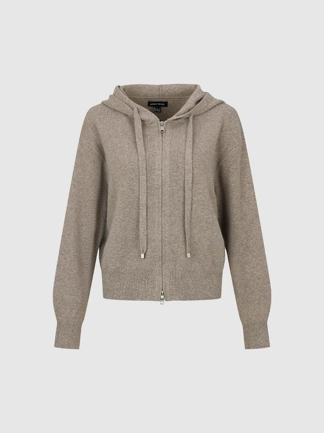 Ribbed Full Zip Hooded Long Sleeve Knit Jacket