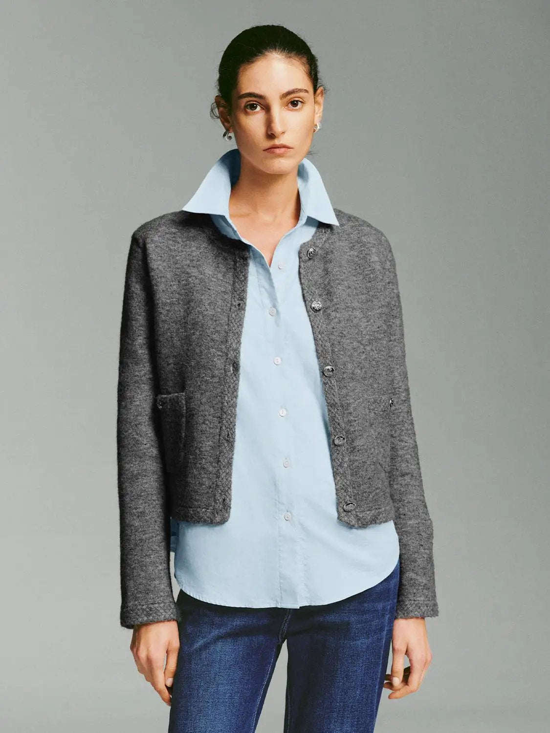 Crew Neck Button Front Long Sleeve Knitwear Jacket