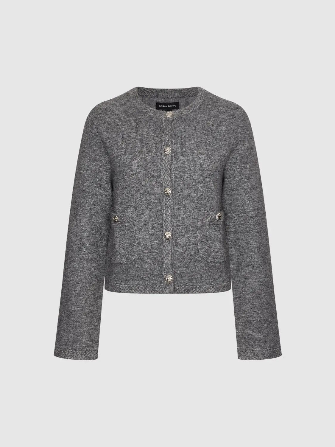 Crew Neck Button Front Long Sleeve Knitwear Jacket