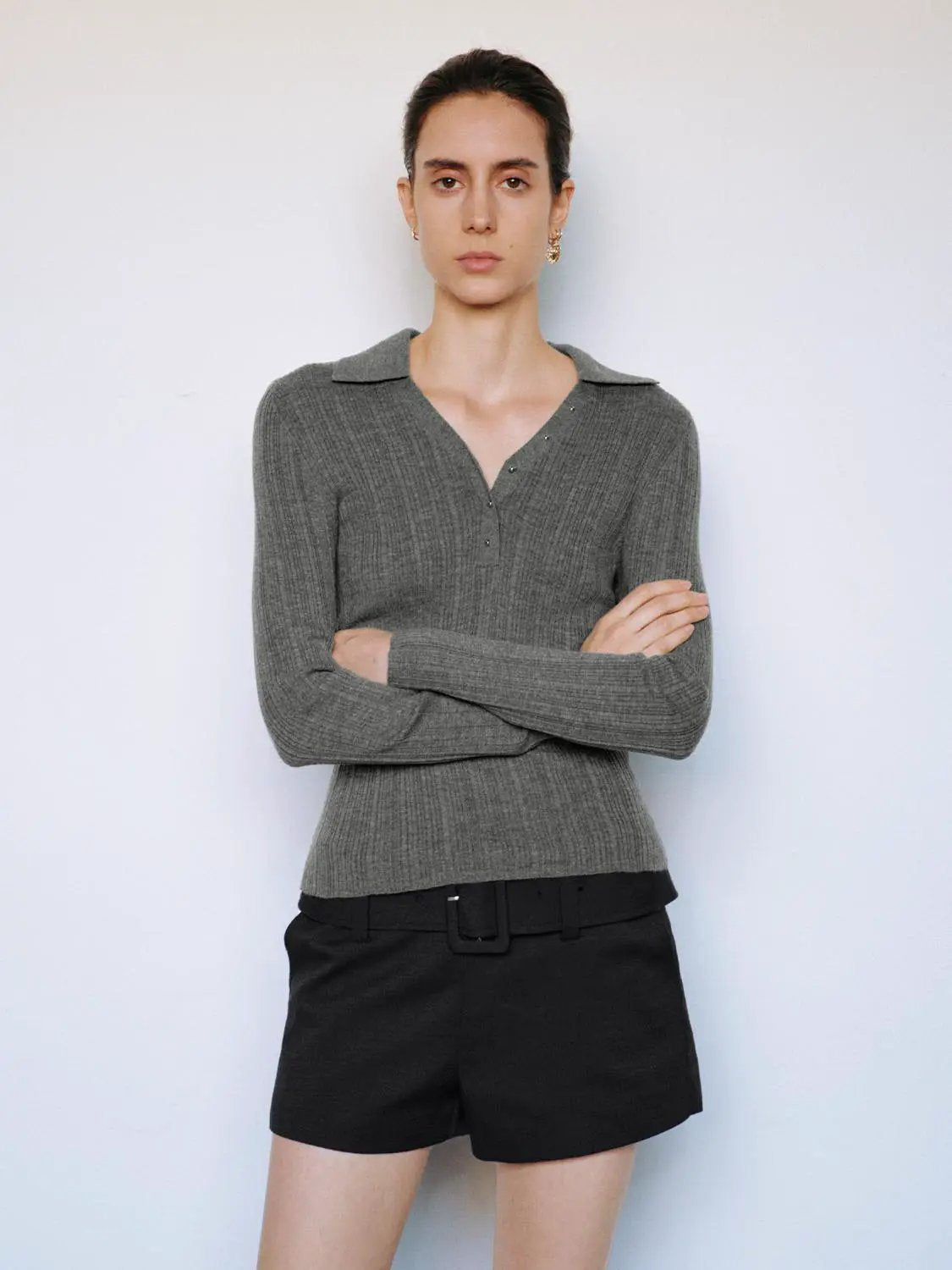 Ribbed Fitted Polo Collar Long Sleeve Sweater