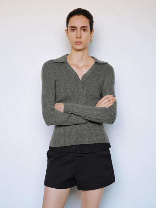 Ribbed Fitted Polo Collar Long Sleeve Sweater