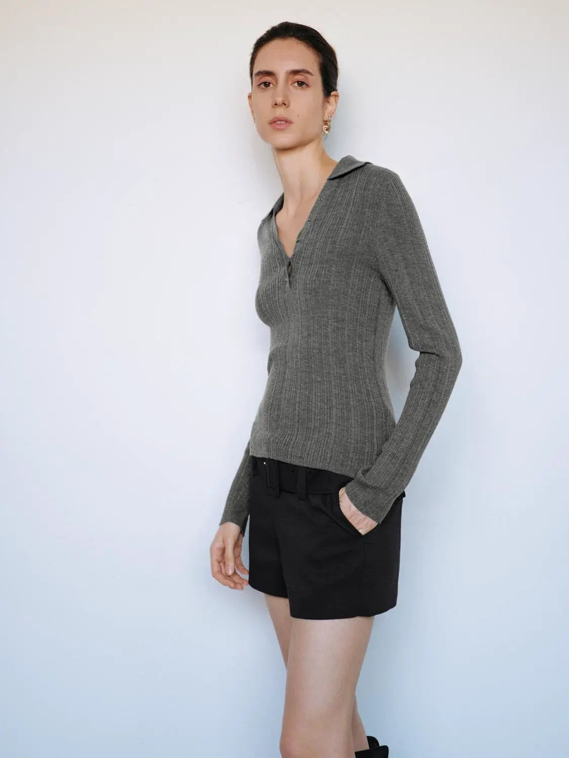 Ribbed Fitted Polo Collar Long Sleeve Sweater