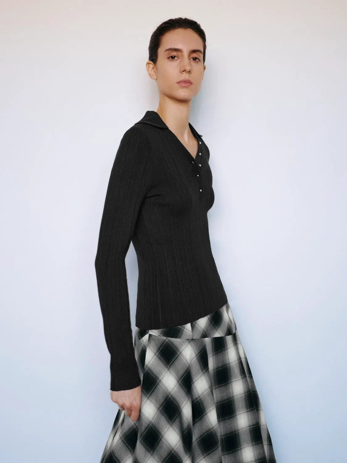 Ribbed Fitted Polo Collar Long Sleeve Sweater