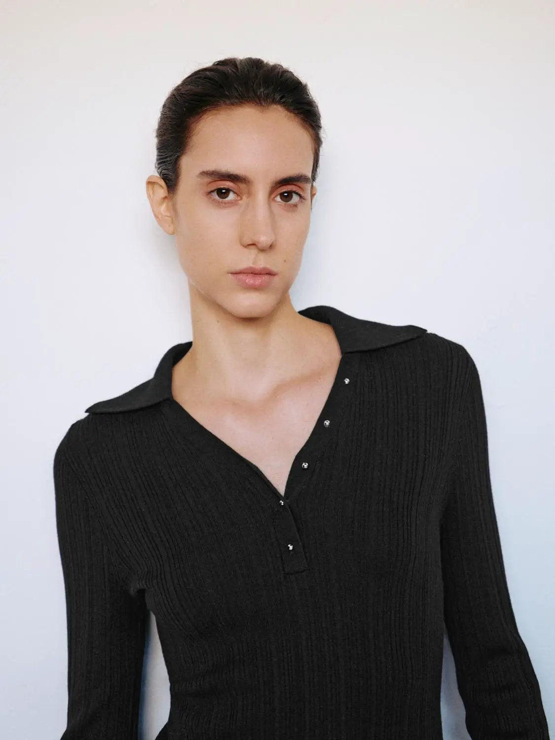 Ribbed Fitted Polo Collar Long Sleeve Sweater