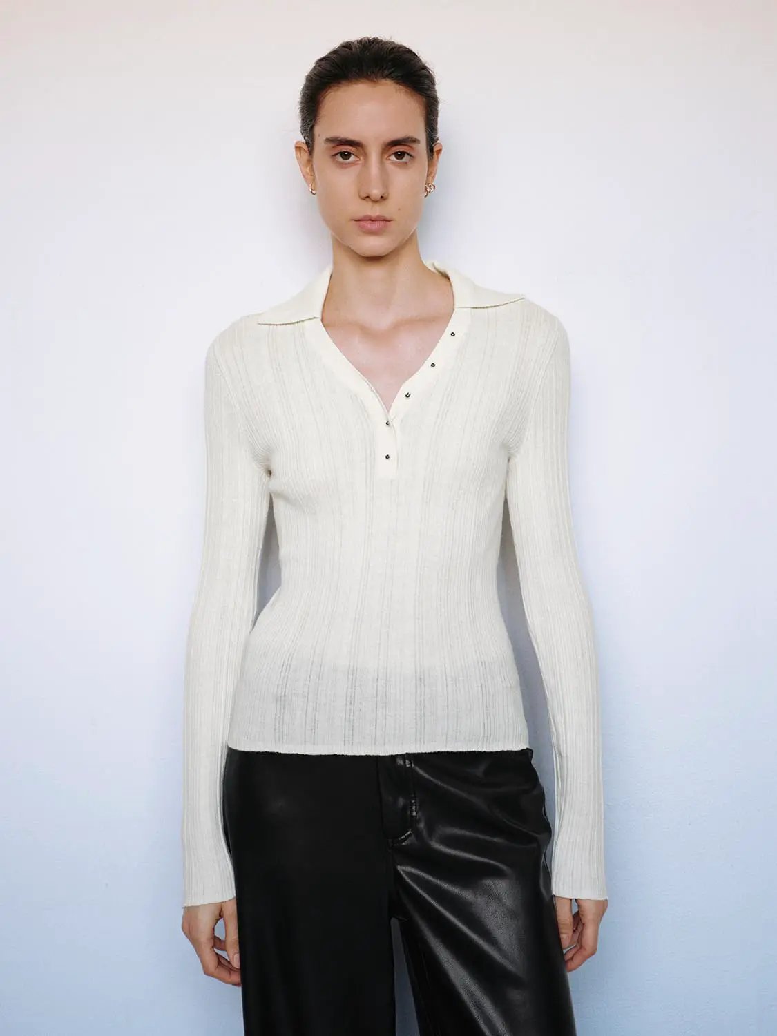 Ribbed Fitted Polo Collar Long Sleeve Sweater