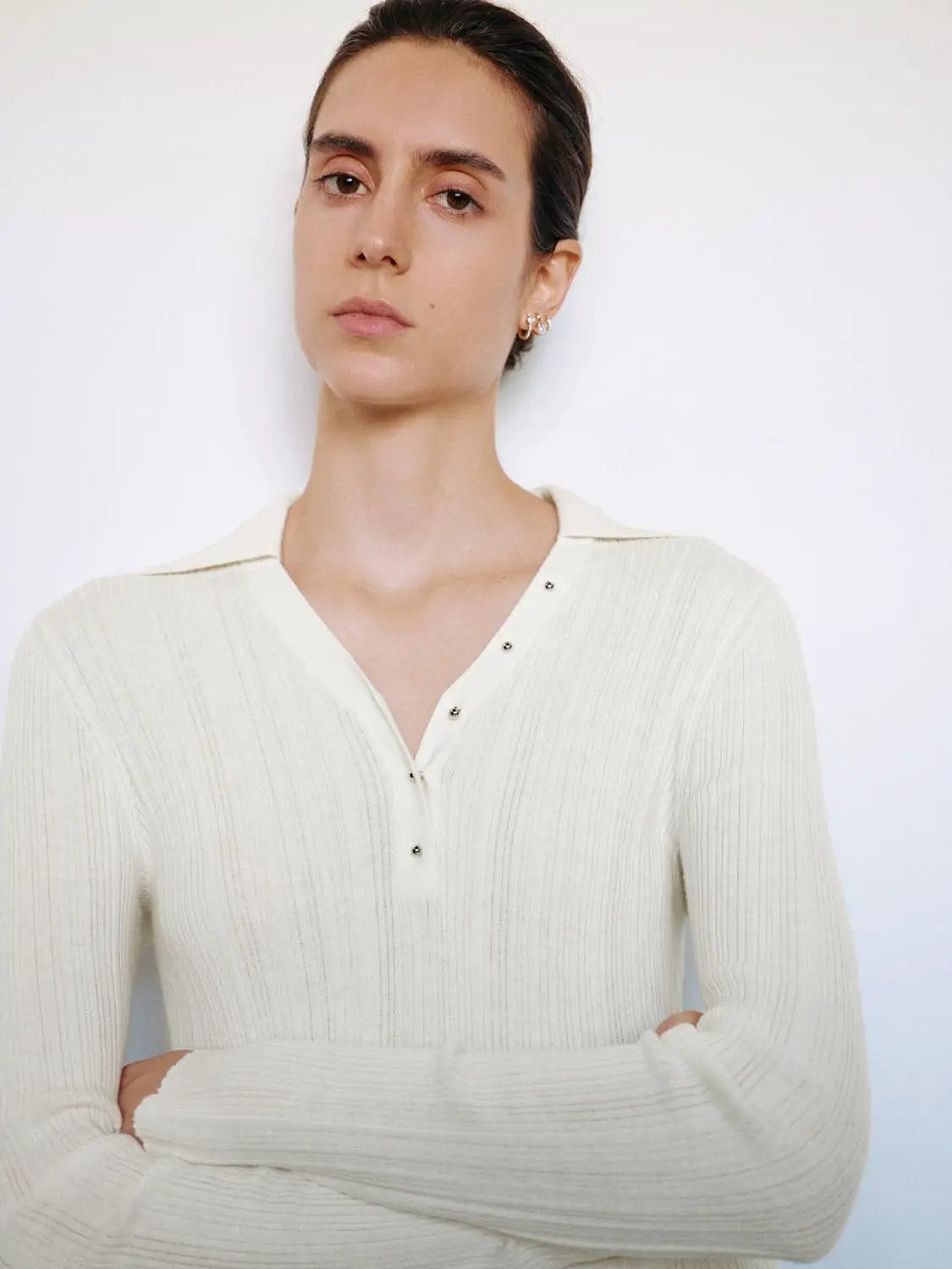 Ribbed Fitted Polo Collar Long Sleeve Sweater