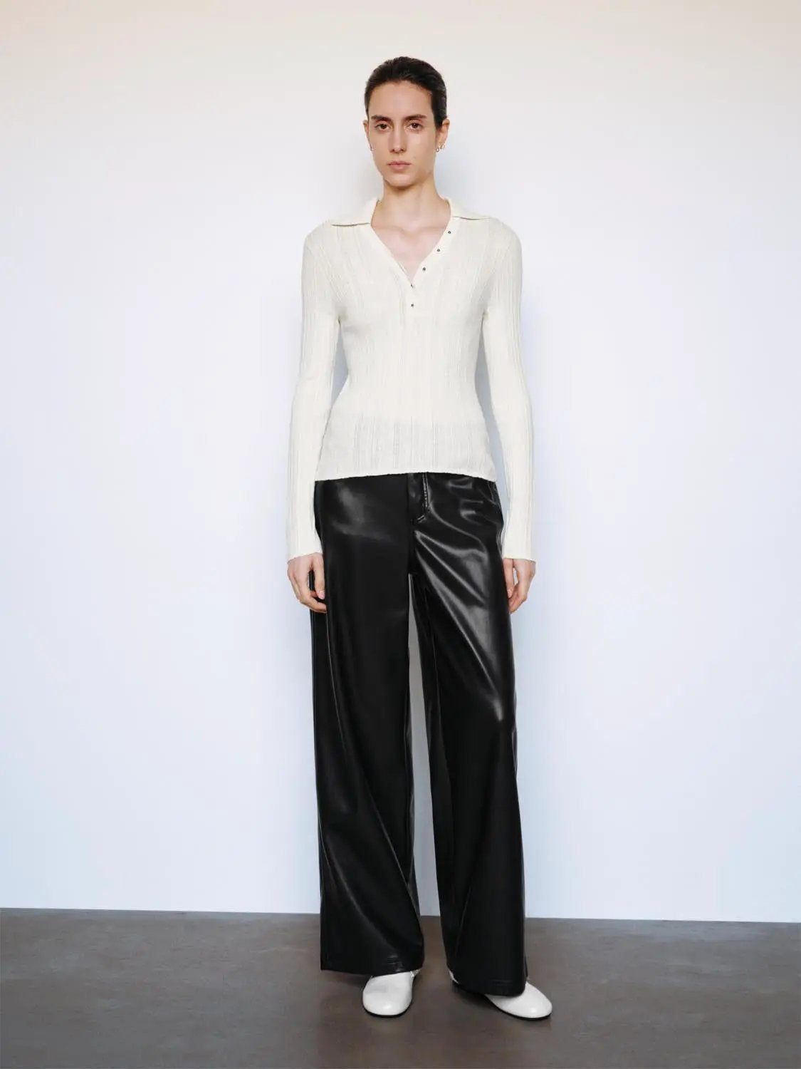 Ribbed Fitted Polo Collar Long Sleeve Sweater