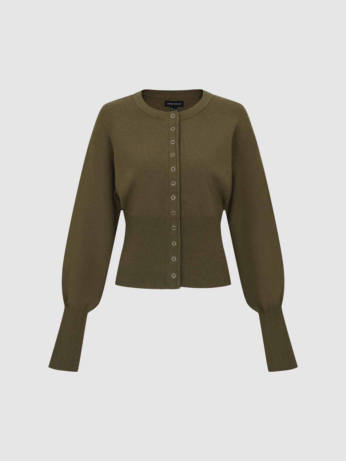 Ribbed Button Front Crew Neck Long Sleeve Cardigan