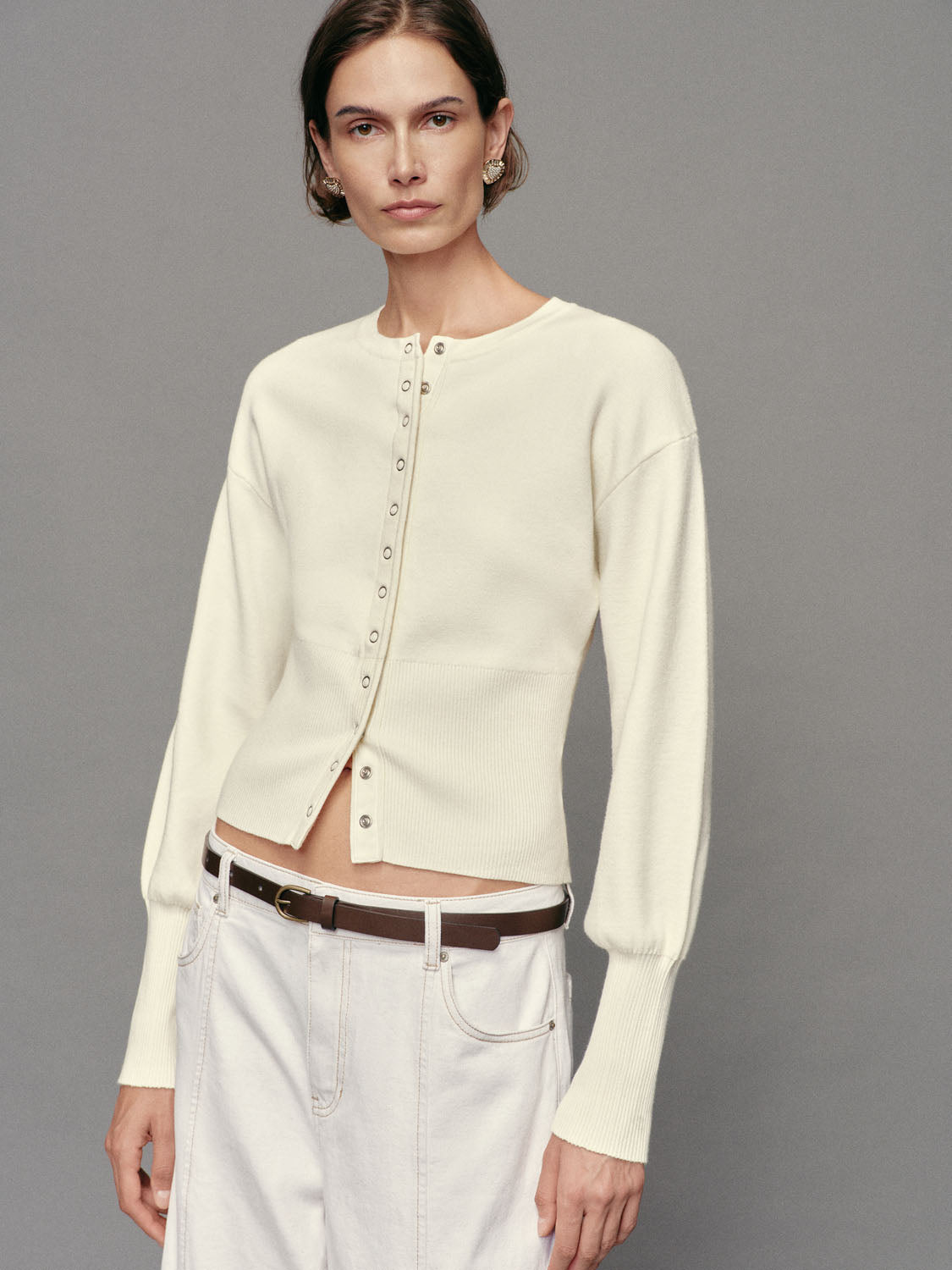 Ribbed Button Front Crew Neck Long Sleeve Cardigan