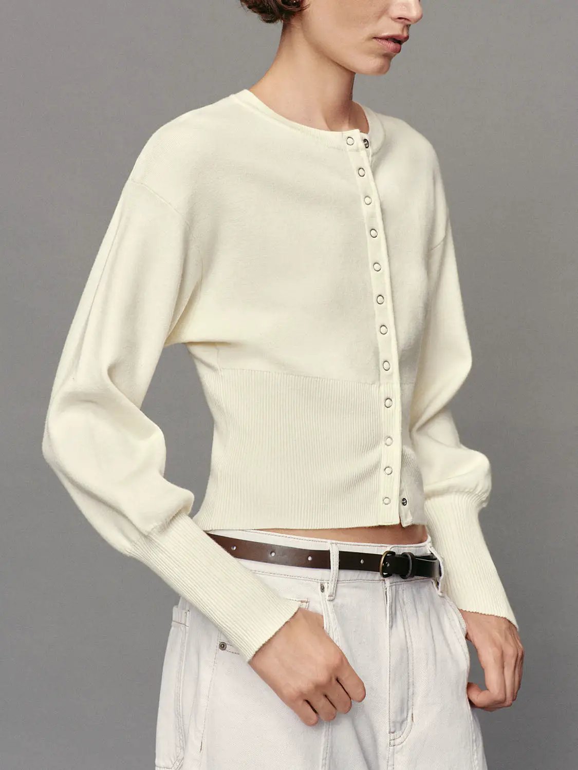 Ribbed Button Front Crew Neck Long Sleeve Cardigan