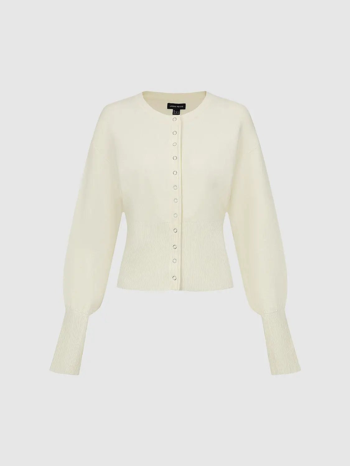Ribbed Button Front Crew Neck Long Sleeve Cardigan