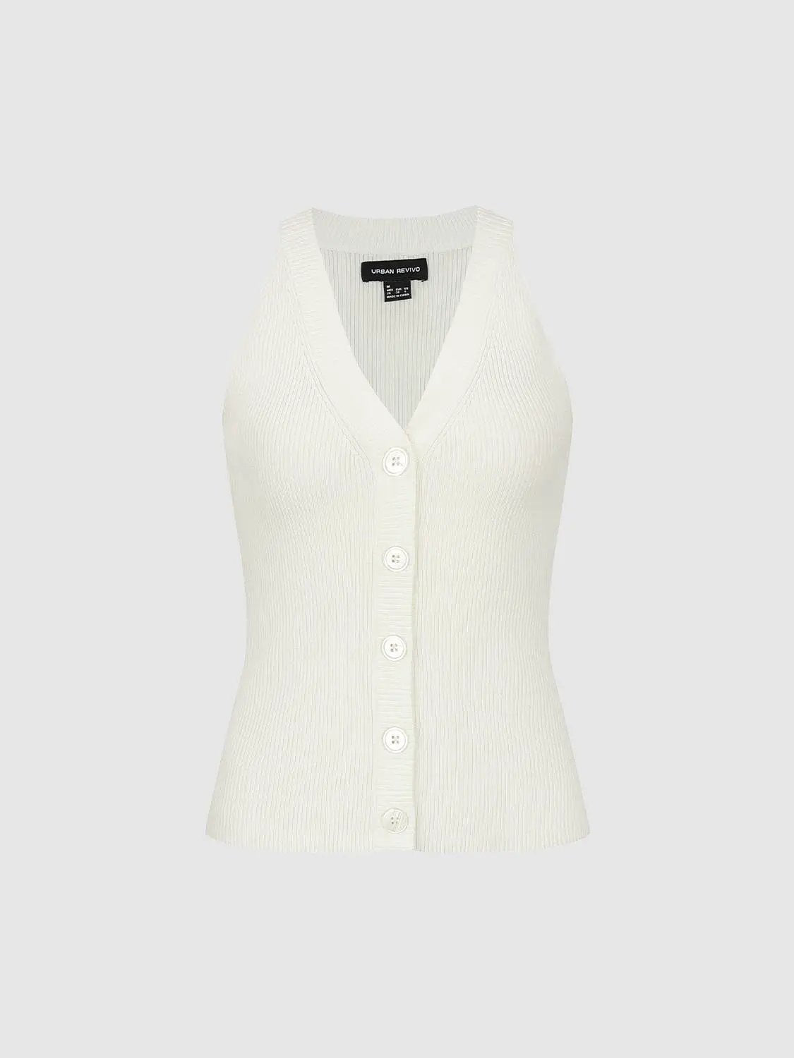 Ribbed Button Front Fitted V-Neck Sleeveless Knit Vest