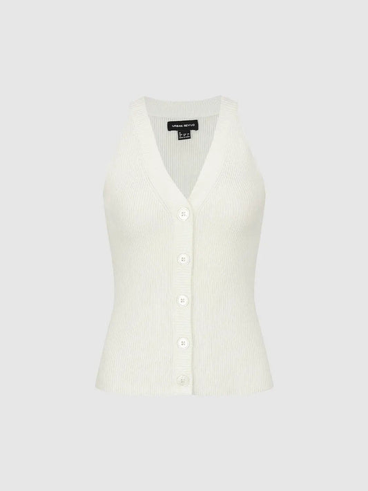 Ribbed Button Front Fitted V-Neck Sleeveless Knit Vest