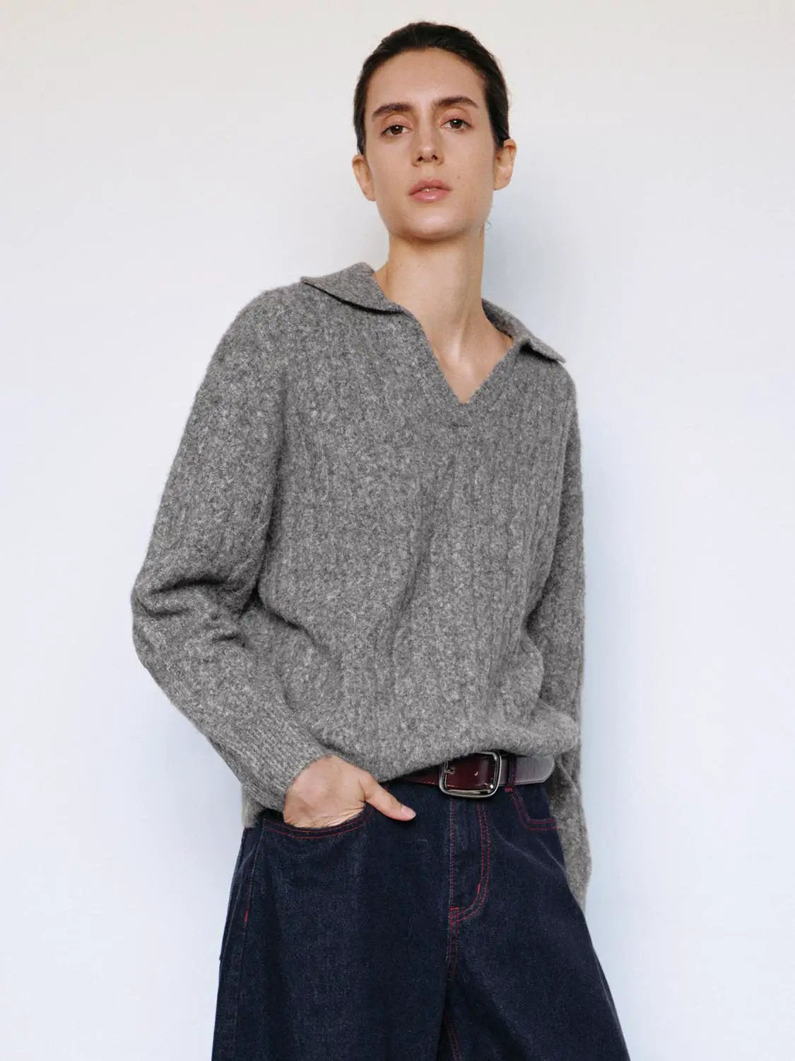 Textured V-neck Shirt Collar Long Sleeve Sweater