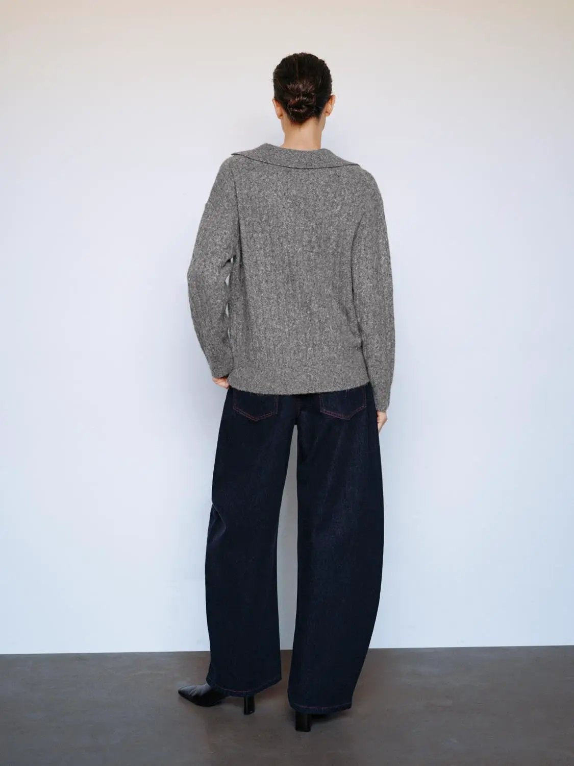 Textured V-neck Shirt Collar Long Sleeve Sweater