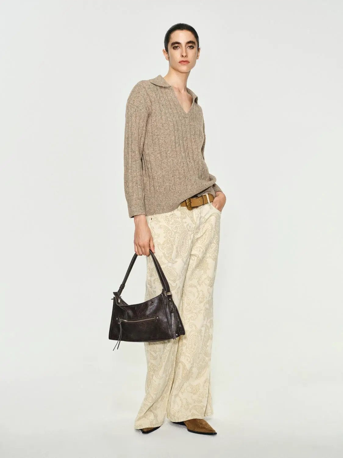 Textured V-neck Shirt Collar Long Sleeve Sweater