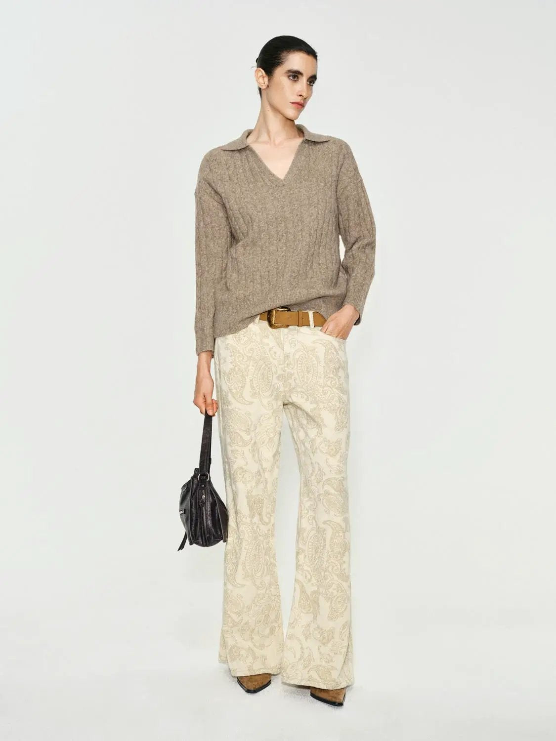 Textured V-neck Shirt Collar Long Sleeve Sweater