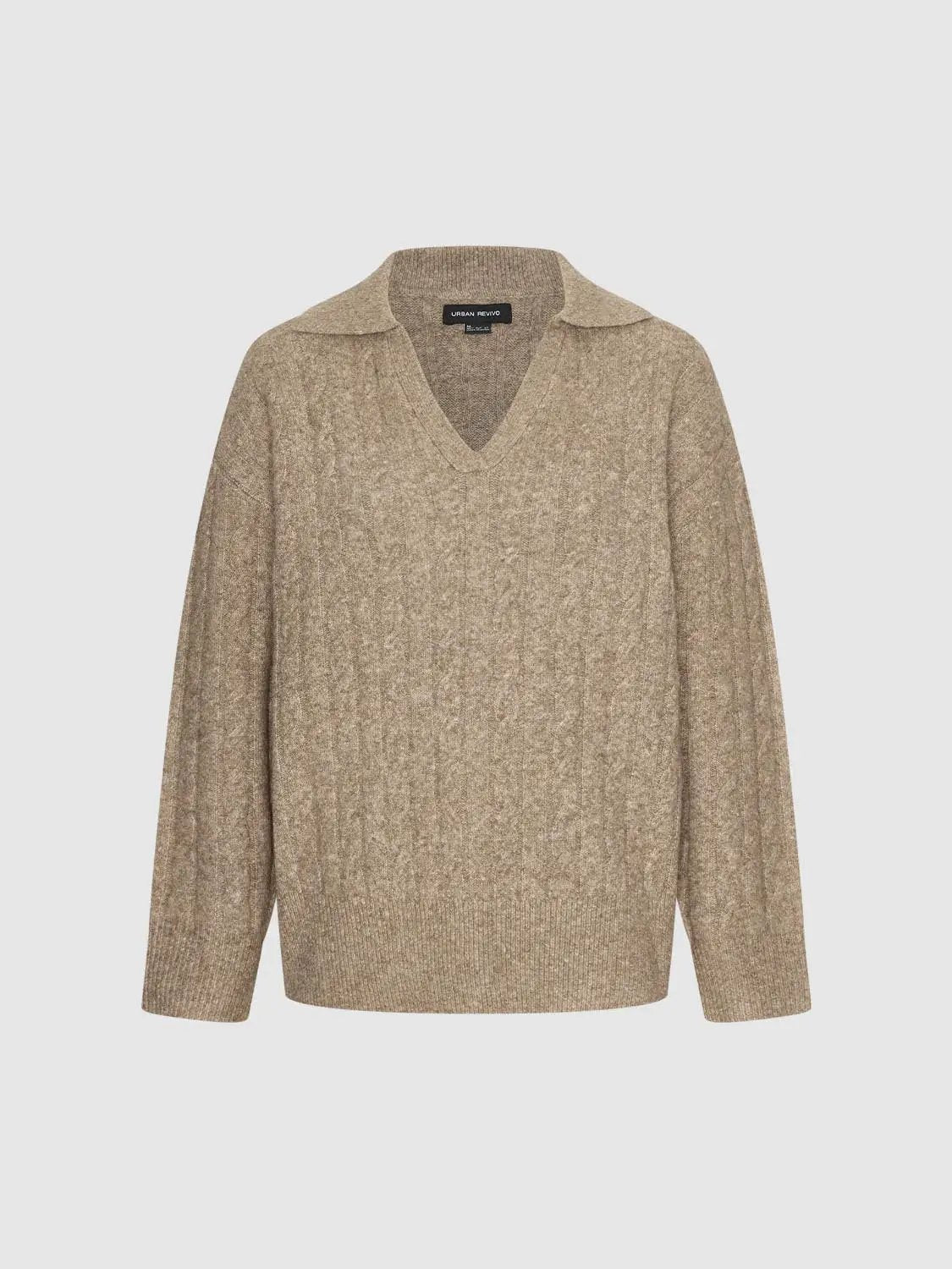 Textured V-neck Shirt Collar Long Sleeve Sweater