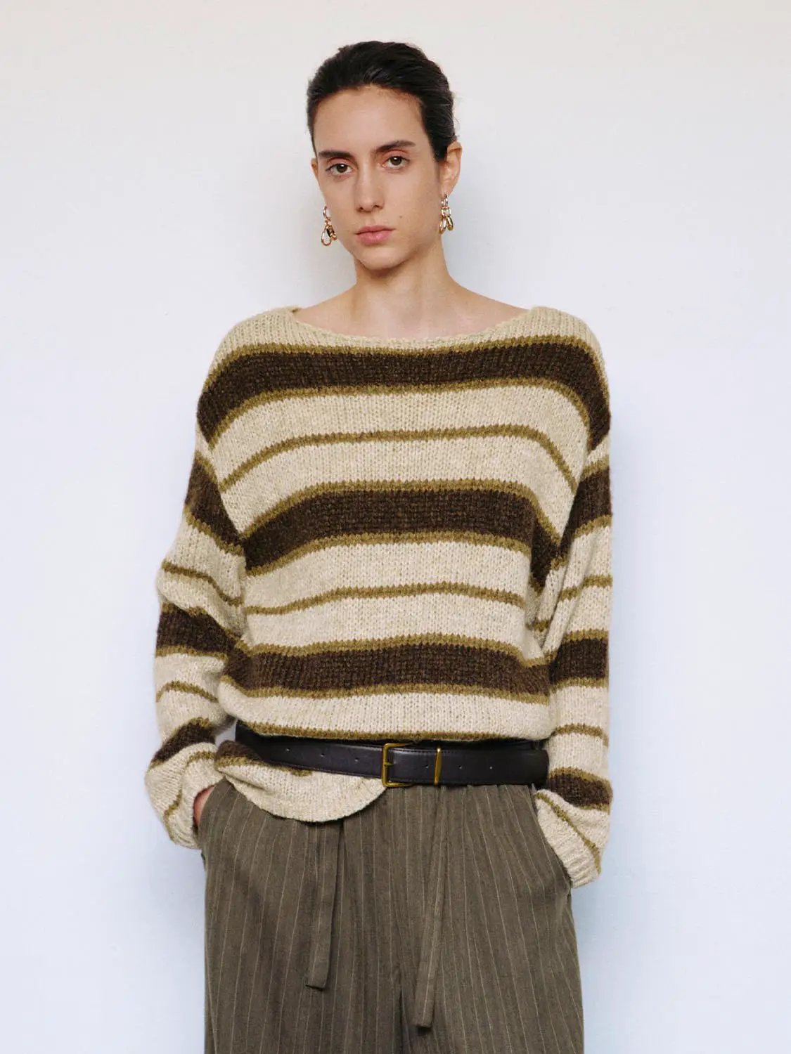 Knit Striped Oversized Boat Neck Long Sleeve Sweater