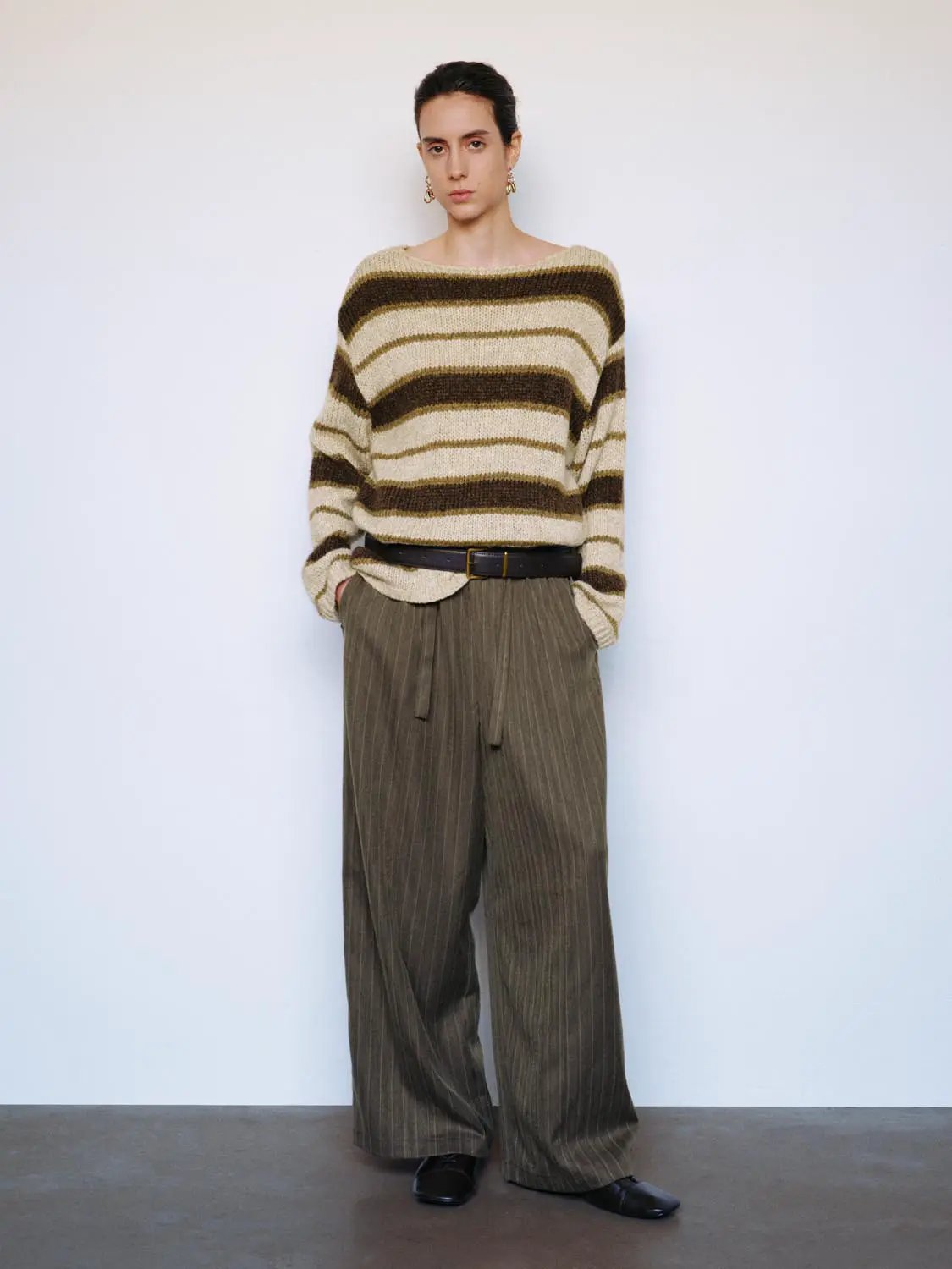 Knit Striped Oversized Boat Neck Long Sleeve Sweater