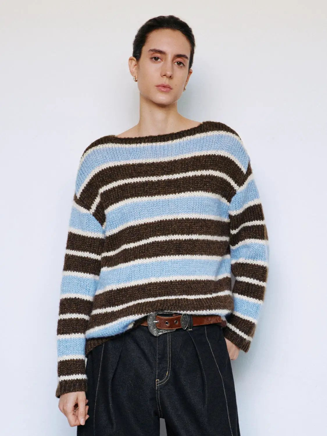 Knit Striped Oversized Boat Neck Long Sleeve Sweater