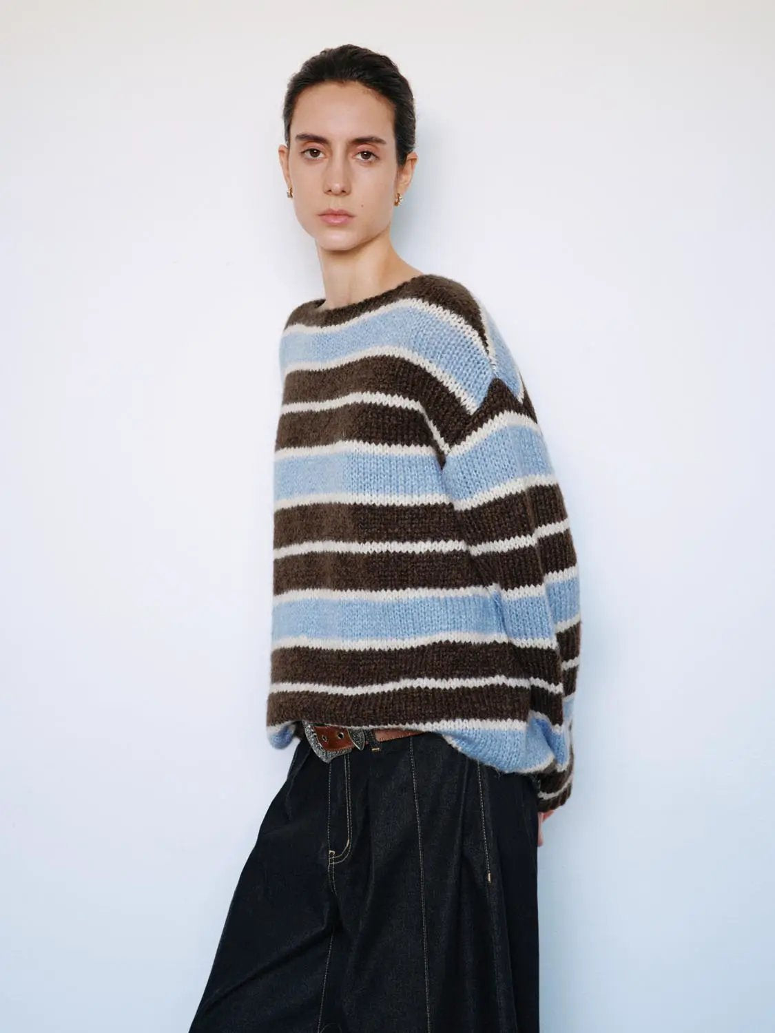 Knit Striped Oversized Boat Neck Long Sleeve Sweater