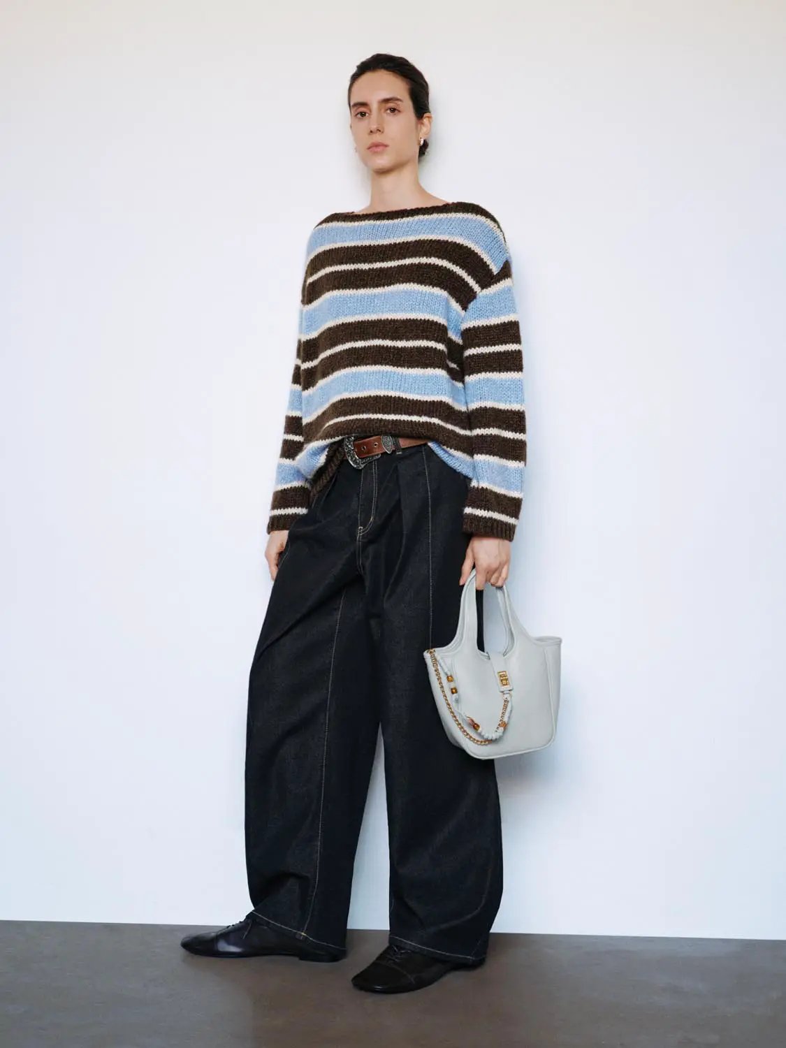 Knit Striped Oversized Boat Neck Long Sleeve Sweater