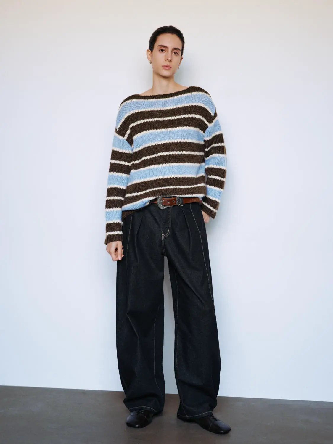 Knit Striped Oversized Boat Neck Long Sleeve Sweater