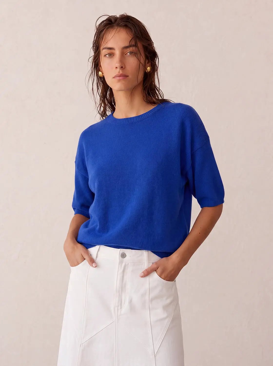 Ribbed Oversized Crew Neck Short Sleeve Knit Sweater