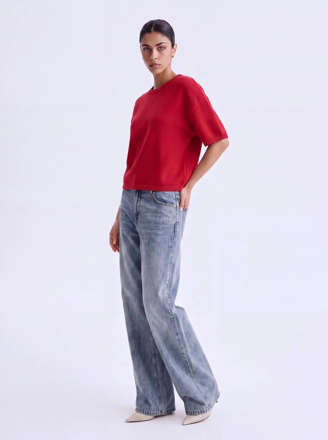 Ribbed Oversized Crew Neck Short Sleeve Knit Sweater