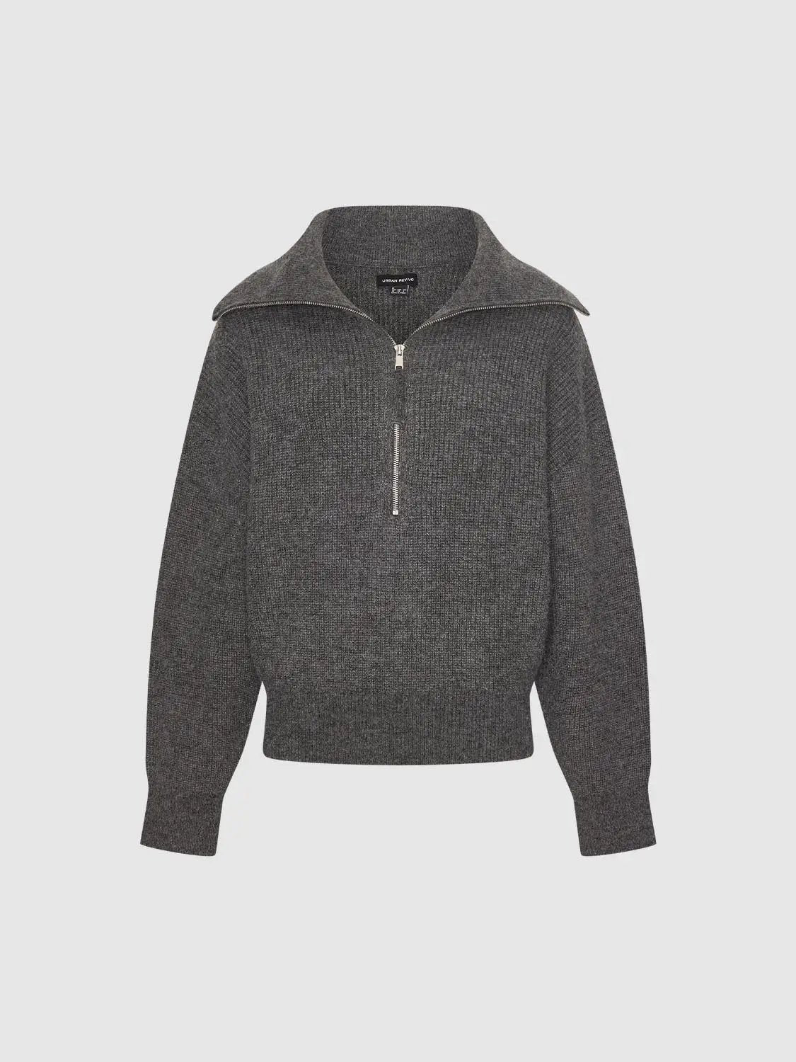 Ribbed Knit Half-Zip Polo Collar Long Sleeve Pullover