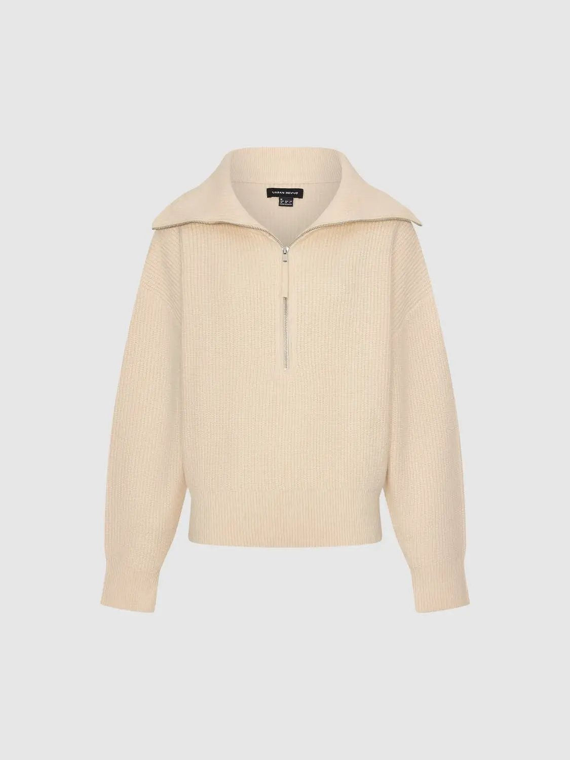Ribbed Knit Half-Zip Polo Collar Long Sleeve Pullover
