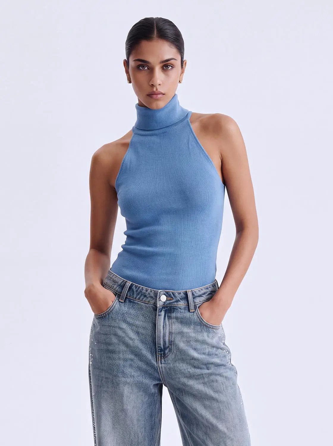Fitted Ribbed Mock Neck Sleeveless Knit Tank Top