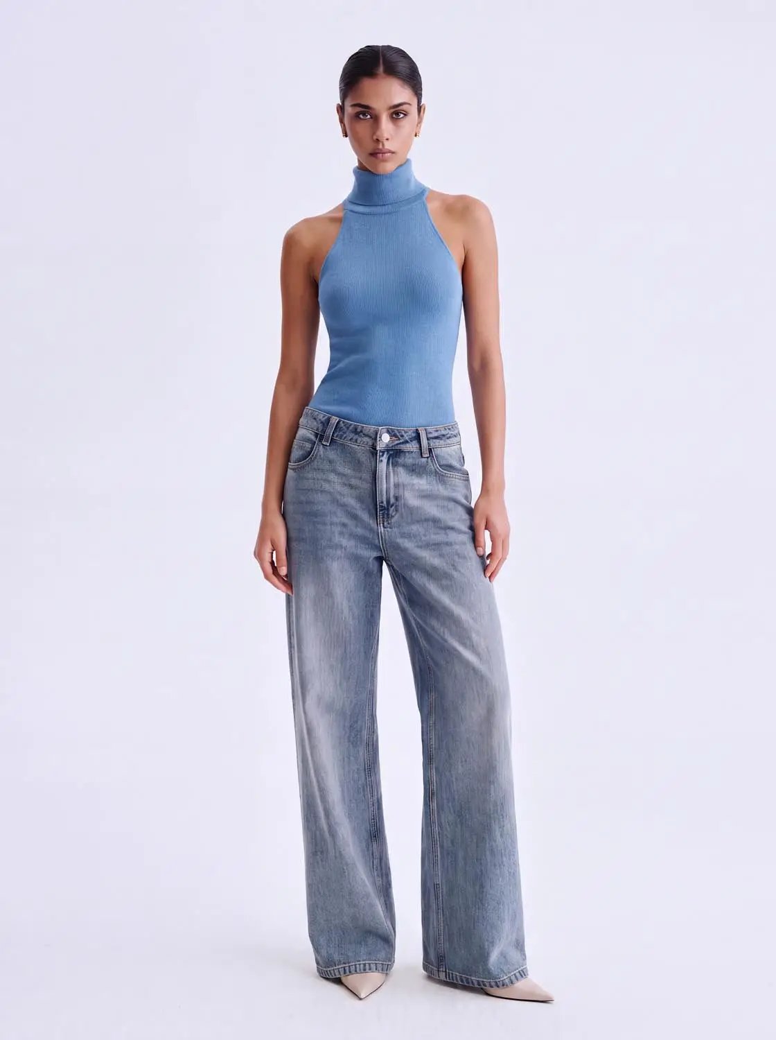 Fitted Ribbed Mock Neck Sleeveless Knit Tank Top