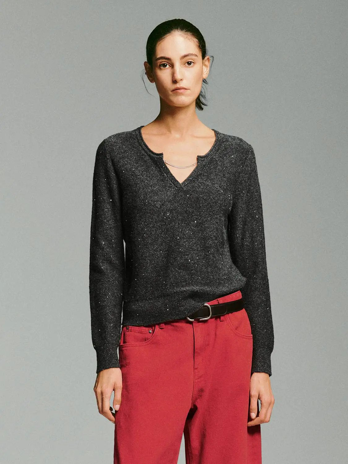Textured Dotted Ribbed V-neck Long Sleeve Pullover
