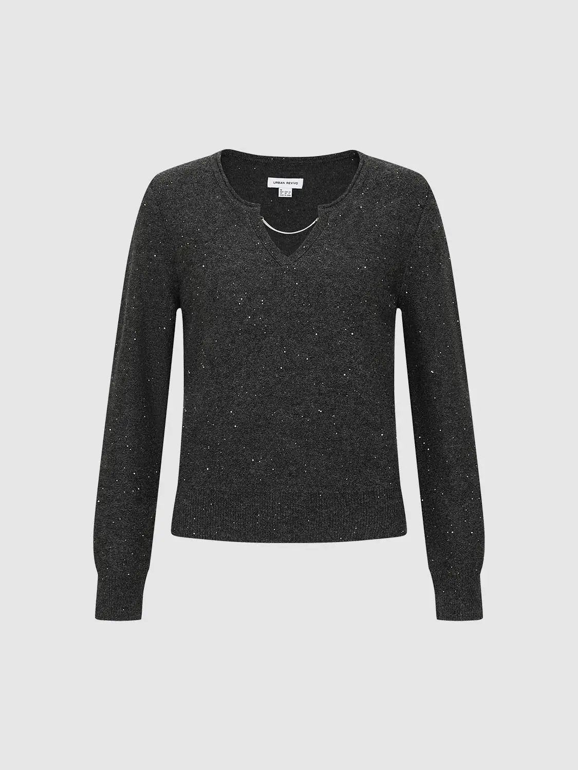 Textured Dotted Ribbed V-neck Long Sleeve Pullover