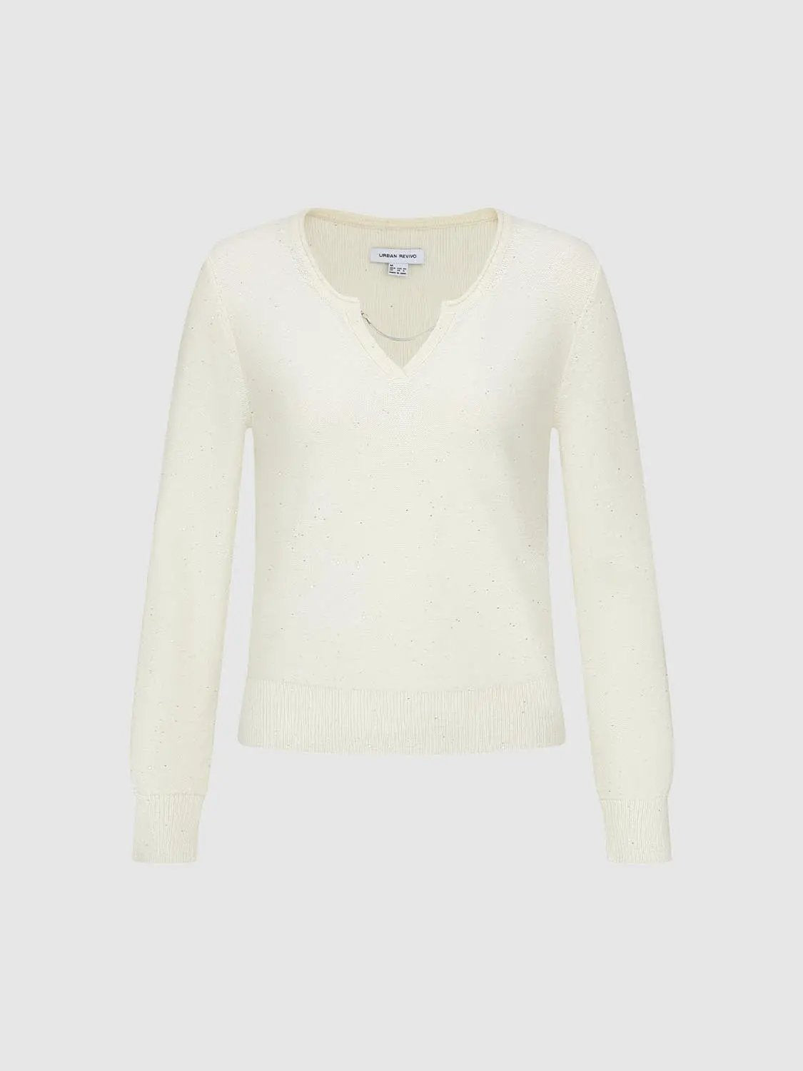 Textured Dotted Ribbed V-neck Long Sleeve Pullover