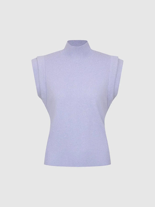 Ribbed Mock Neck Sleeveless Knitted T-Shirt
