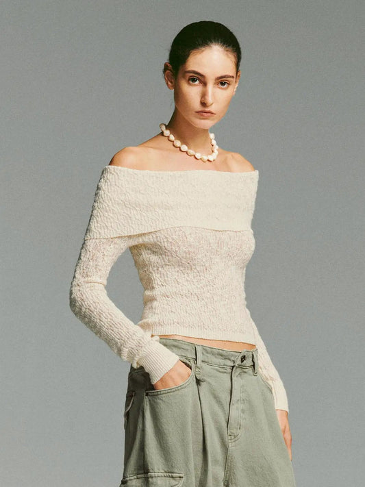 Textured Fitted Off-Shoulder Long Sleeve Pullover