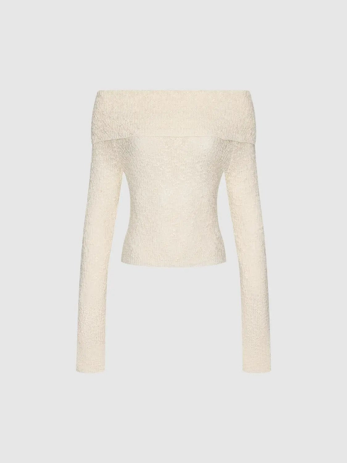 Textured Fitted Off-Shoulder Long Sleeve Pullover