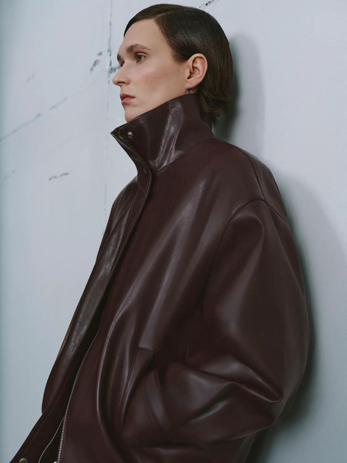 Zip Front Boxy Burgundy High Collar Long Sleeve Jacket