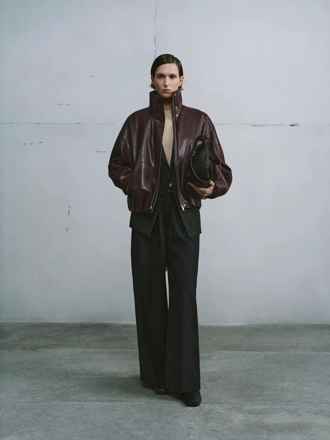 Zip Front Boxy Burgundy High Collar Long Sleeve Jacket